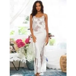 100% Seide Neglige Lang MELINDA Mit Spitze Marjolaine