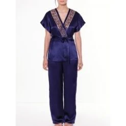 100% Seide Pyjama SHINY EMBROIDERY Nachtblau Von Luna Di Seta